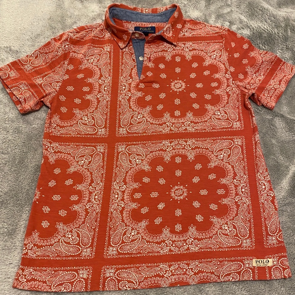 Polo Ralph Lauren Boys Size Large 14-16 Red Paisley Bandana Print Cotton Polo